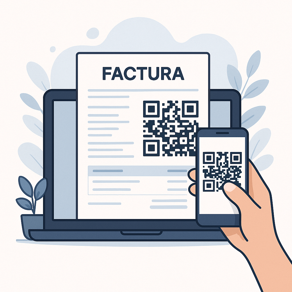 Ilustración de factura digital con código QR en laptop y móvil